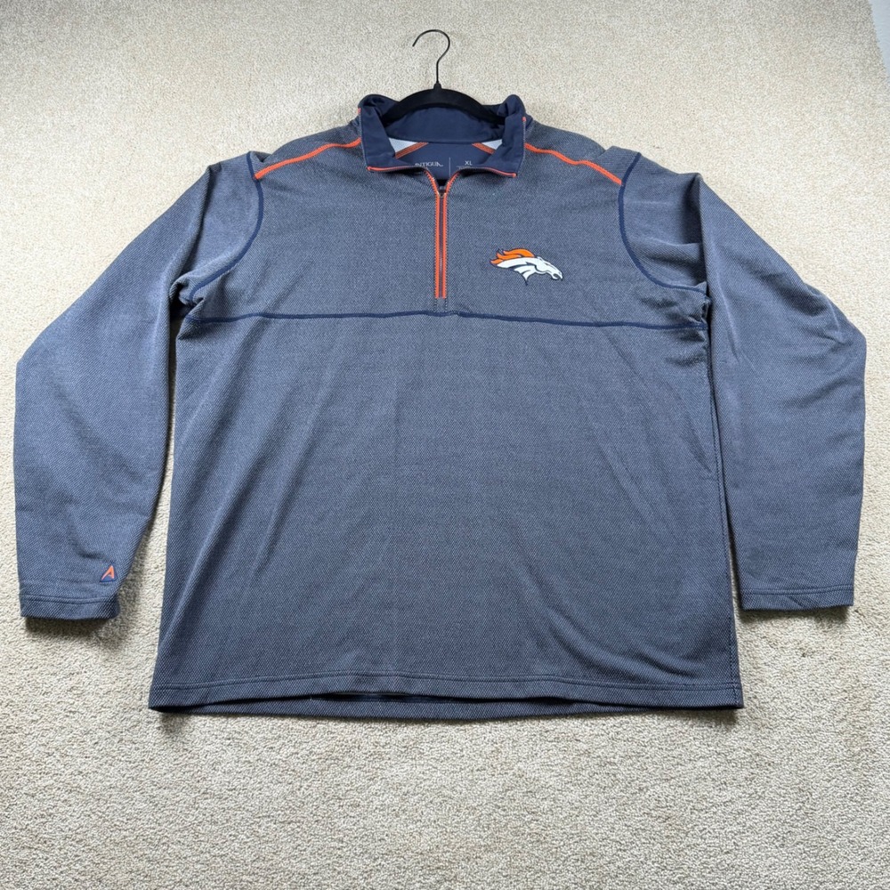 Antigua Denver Broncos Mens XL Quarter Zip Pullover Navy Blue Orange Technical